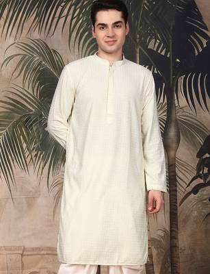 Off white silk blend thread work kurta for men 1