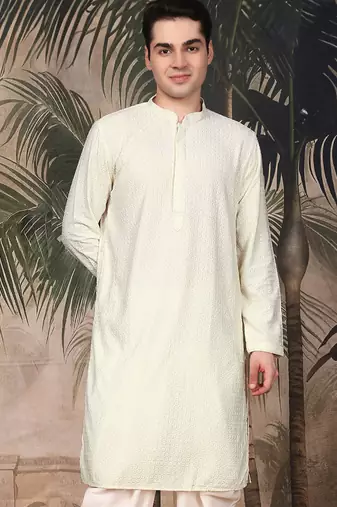 Off white silk blend thread work kurta for men