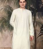 Off white silk blend thread work kurta for men