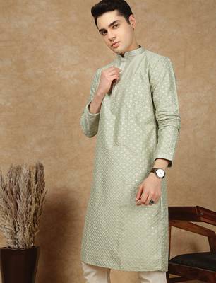Green cotton embroidered kurta for men 1