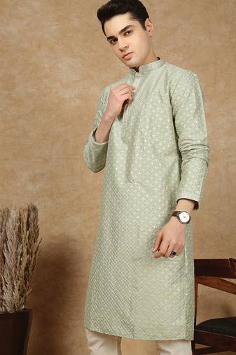 Green cotton embroidered kurta for men