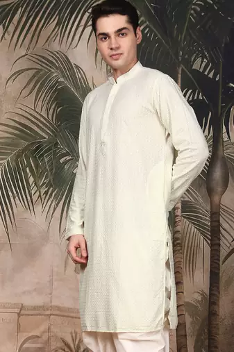 Off white silk blend thread work kurta for men