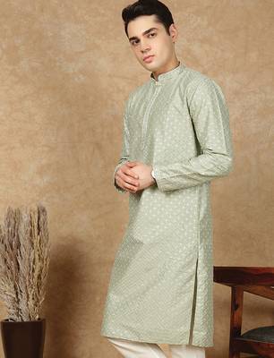 Green cotton embroidered kurta for men 2