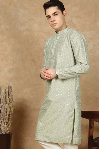 Green cotton embroidered kurta for men