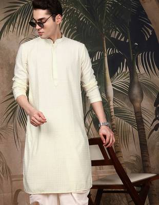 Off white silk blend thread work kurta for men 3
