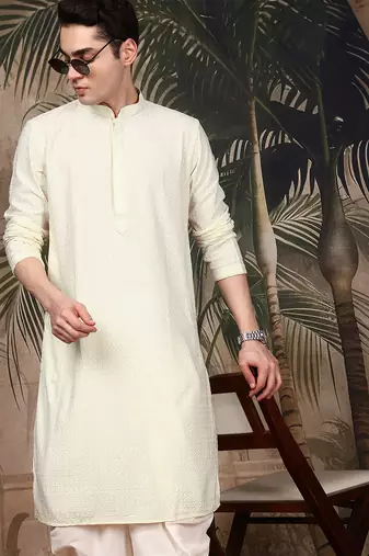 Off white silk blend thread work kurta for men