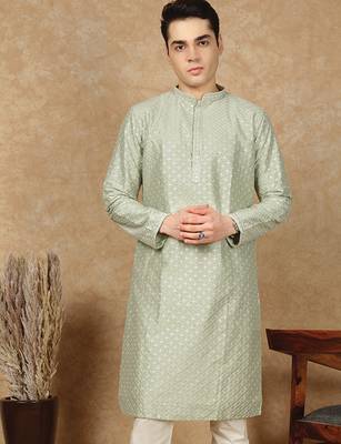 Green cotton embroidered kurta for men 3