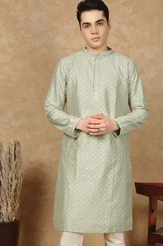 Green cotton embroidered kurta for men