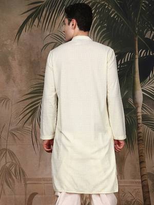 Off white silk blend thread work kurta for men 4