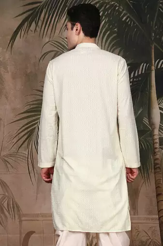 Off white silk blend thread work kurta for men