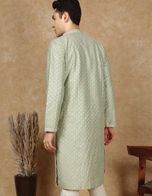 Green cotton embroidered kurta for men 4