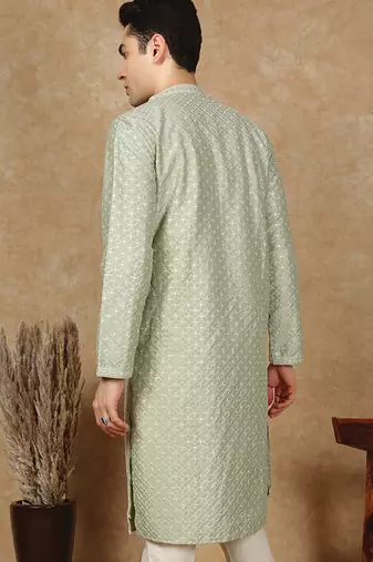 Green cotton embroidered kurta for men