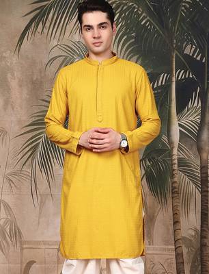 Mustard silk blend thread work kurta for men 1