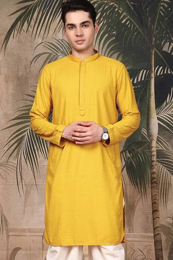 Mustard silk blend thread work kurta for men