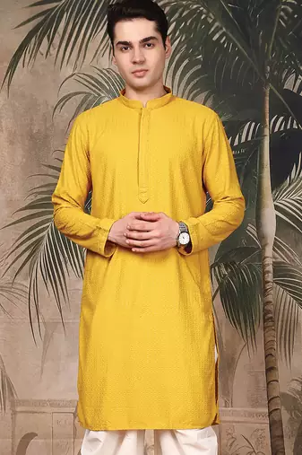 Mustard silk blend thread work kurta for men