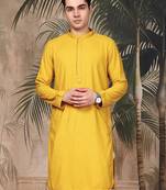 Mustard silk blend thread work kurta for men