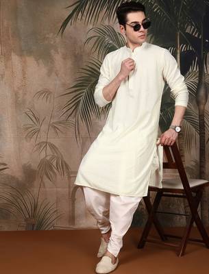 Off white silk blend thread work kurta for men 5