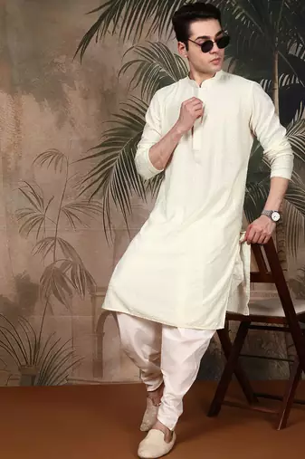 Off white silk blend thread work kurta for men