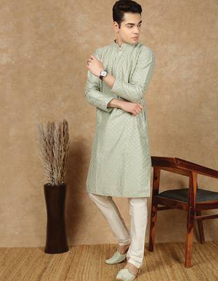 Green cotton embroidered kurta for men 5