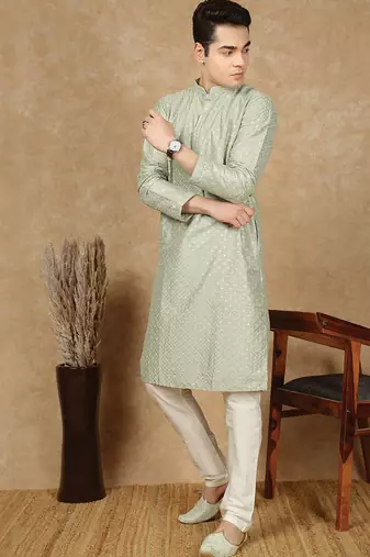 Green cotton embroidered kurta for men