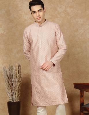Pink cotton embroidered kurta for men 1