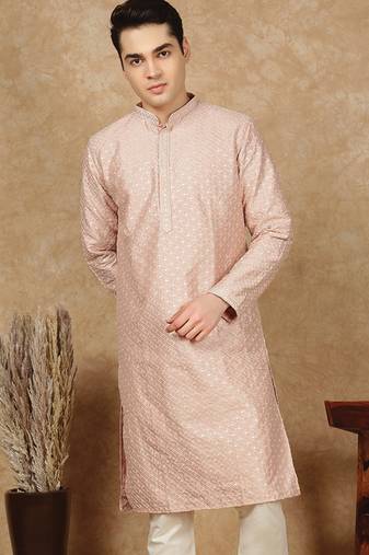 Pink cotton embroidered kurta for men