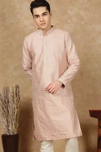 Pink cotton embroidered kurta for men