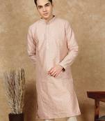 Pink cotton embroidered kurta for men