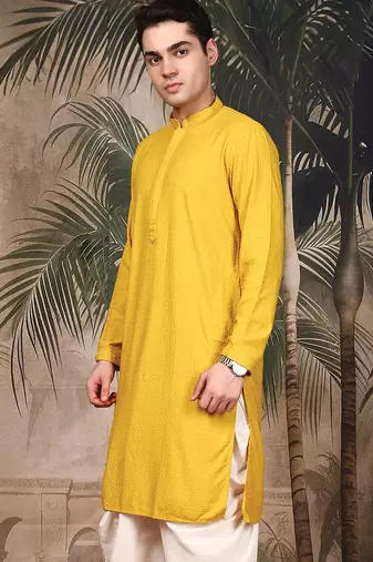 Mustard silk blend thread work kurta for men
