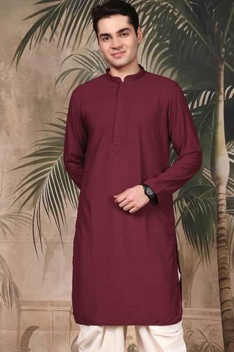 Maroon silk blend thread work kurta for men
