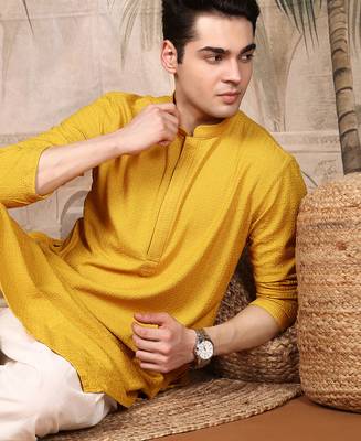 Mustard silk blend thread work kurta for men 3