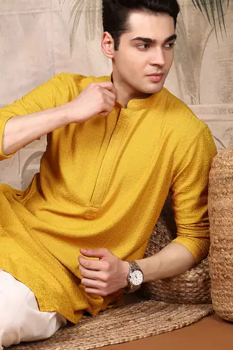 Mustard silk blend thread work kurta for men