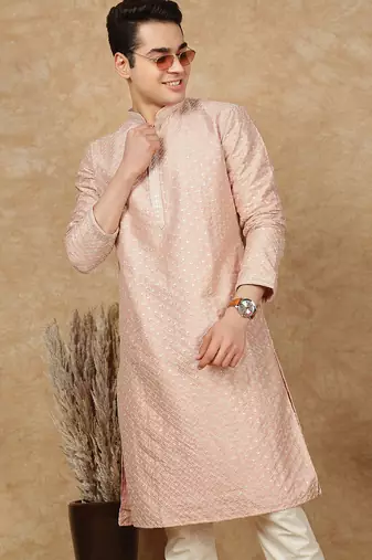 Pink cotton embroidered kurta for men