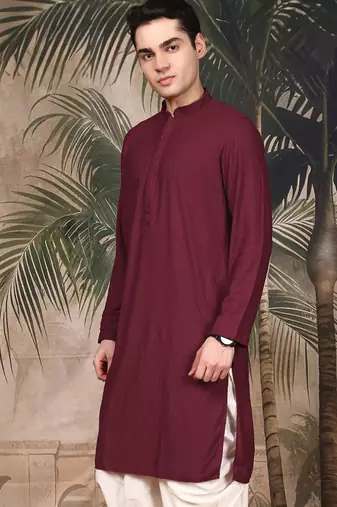 Maroon silk blend thread work kurta for men