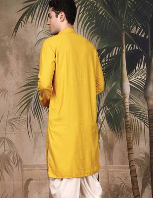 Mustard silk blend thread work kurta for men 4