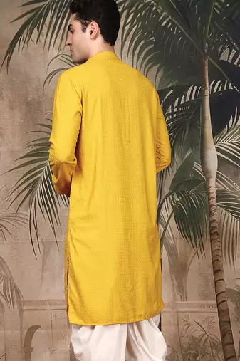 Mustard silk blend thread work kurta for men