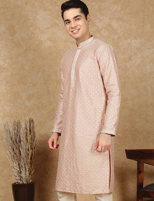 Pink cotton embroidered kurta for men 3