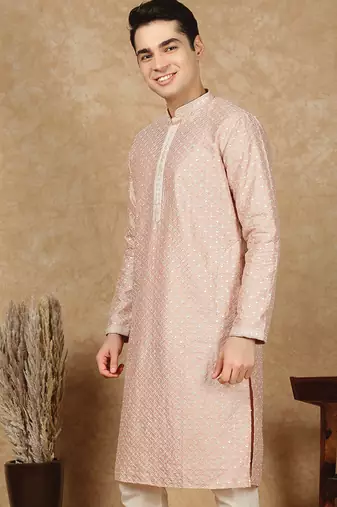 Pink cotton embroidered kurta for men