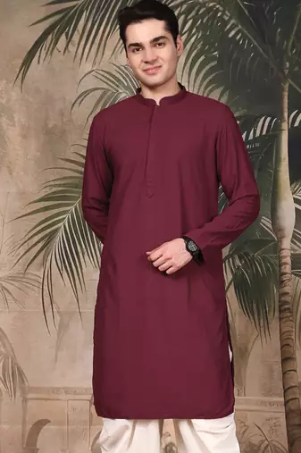 Maroon silk blend thread work kurta for men