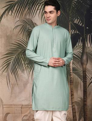 Green silk blend thread work kurta for men 1