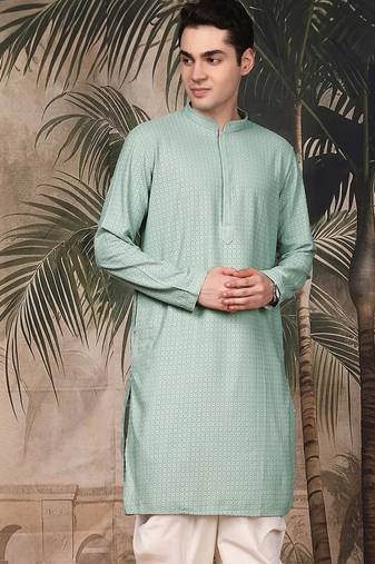 Green silk blend thread work kurta for men