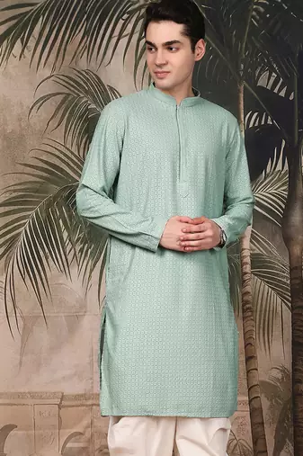 Green silk blend thread work kurta for men