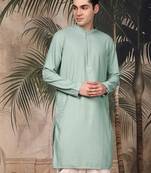 Green silk blend thread work kurta for men