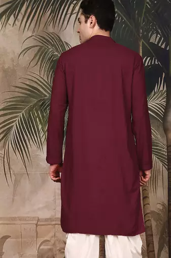 Maroon silk blend thread work kurta for men