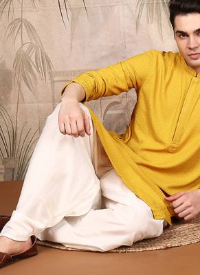 Mustard silk blend thread work kurta for men 5
