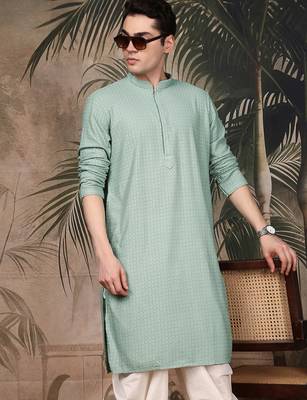 Green silk blend thread work kurta for men 2