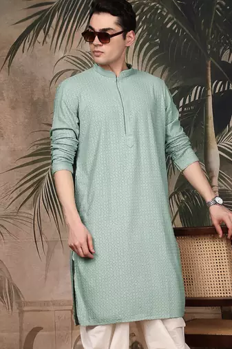 Green silk blend thread work kurta for men