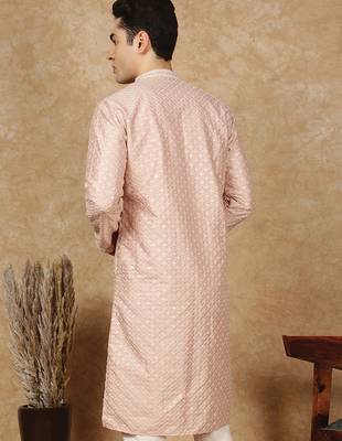 Pink cotton embroidered kurta for men 4