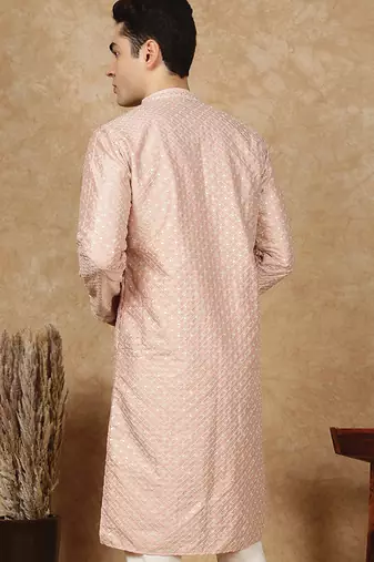 Pink cotton embroidered kurta for men
