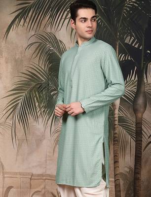 Green silk blend thread work kurta for men 3